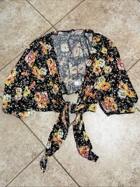 Lane Bryant Black Floral Blouse with Front Tye